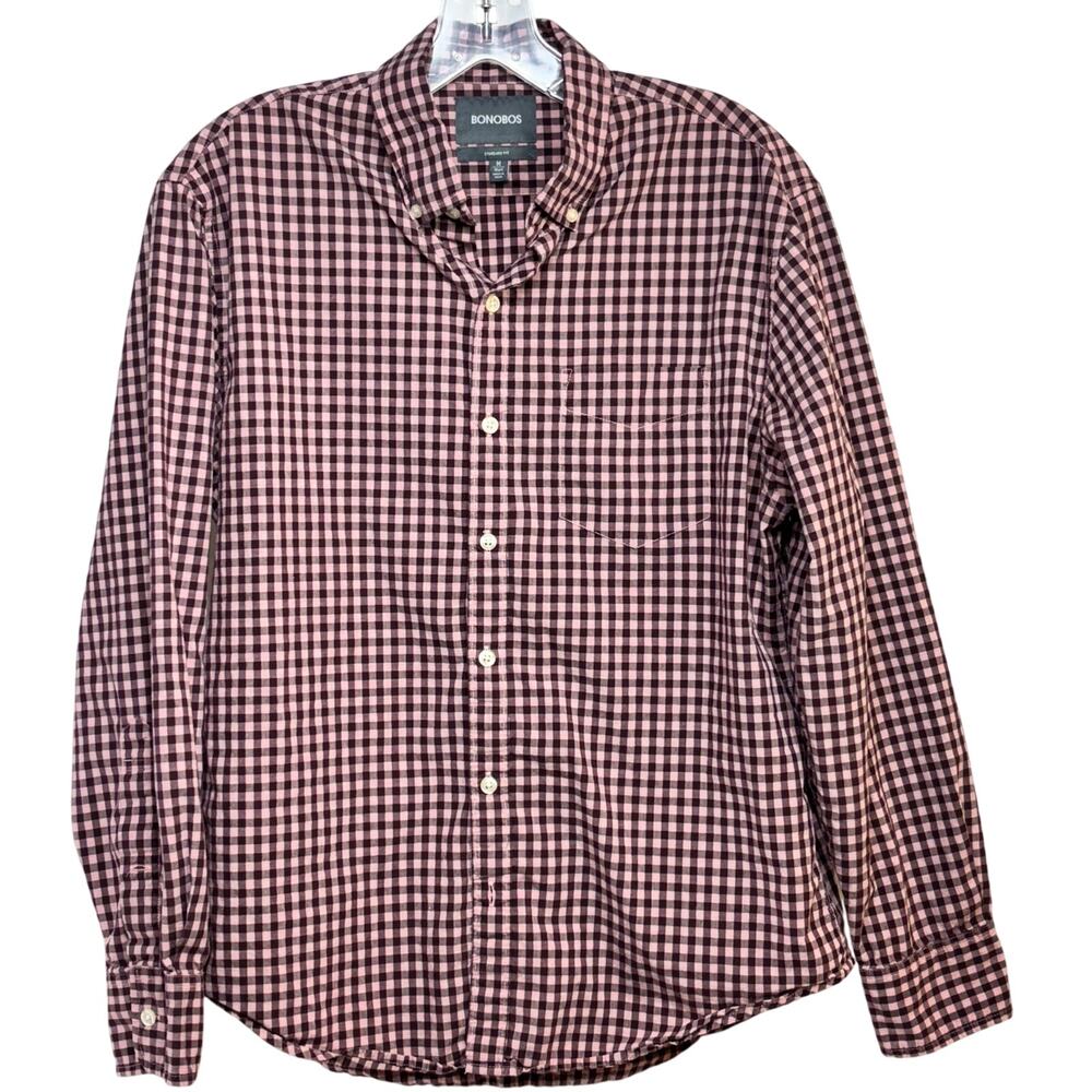 Bonobos Button Down Shirt Men's Medium Short Pink Wine Gingham 100% Cotton L/S